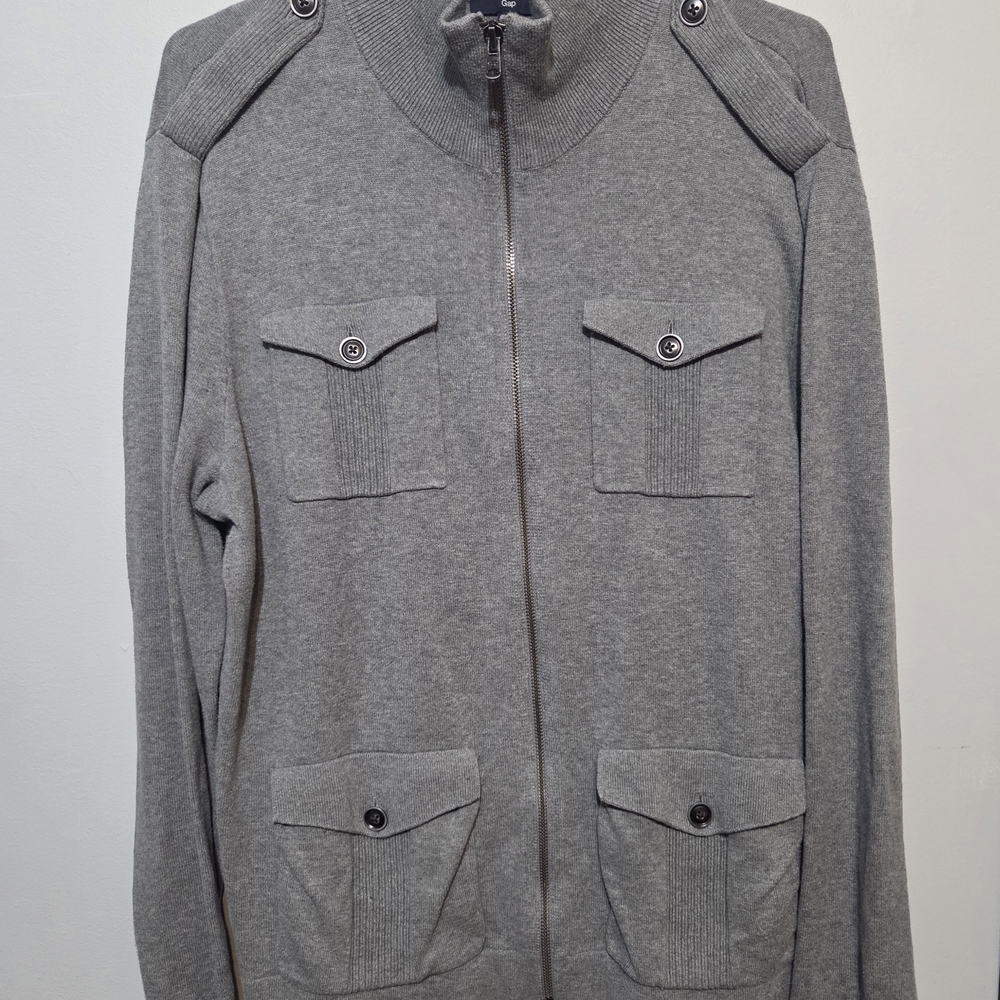 GAP Men's Military Zip Up Mock Turtlwneck Gray Sweater w/4pockets